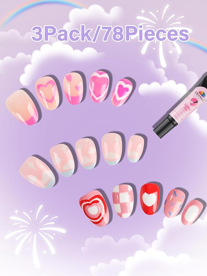 EBANKU 78Pcs 3 Pack Press on Nails kids, Children Acrylic Fake Nails Cute Full Cover Short Stick On False Nail Kits Set for Little Girls with Nail Glue