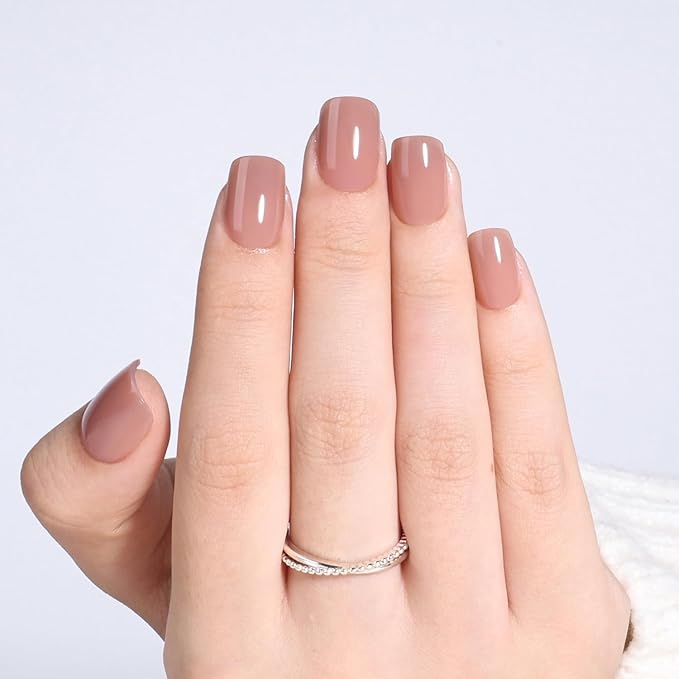 Soft Mocha Nude Press on Nails - Short Square Glossy Nails Press ons for Women, Reusable Warm Nude Glue On Nails 30 Pcs 15 Sizes Fake Nails Kit with Glue, Soft Mocha