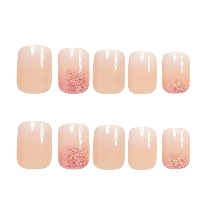 Ombre Press on Nails Short Square MABKJLF Nude Pink Fake Nails False Nails with Designs Pink Glitter Gradient Natural Nails Full Cover Glossy Glue on Nails Stick on Nails for Women Girls 24 Pcs
