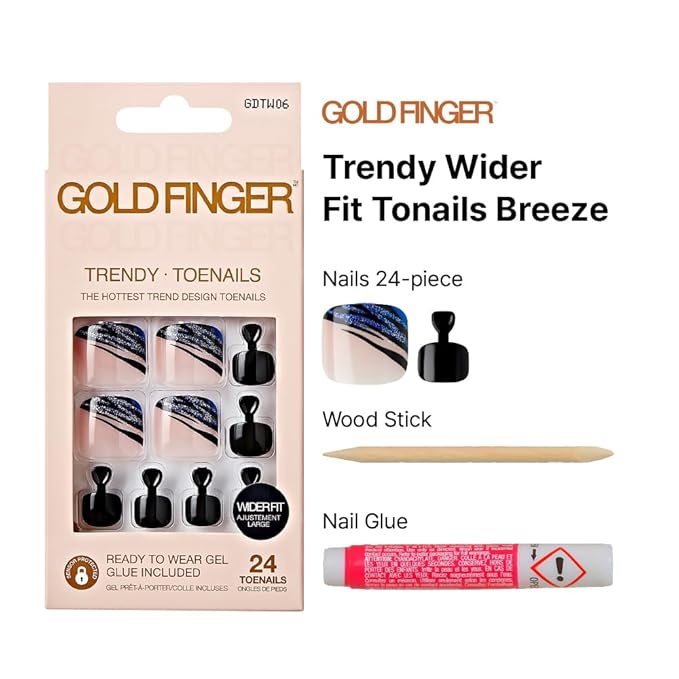 GoldFinger Trendy Press On Fake Toenail Kit Wider Fit, Abstract Sprinkle Print & Elegant Black Color, Ready to Wear Gel & Manicure Stick, Mini Glue included, Long-Lasting Convenient & Easy to Apply
