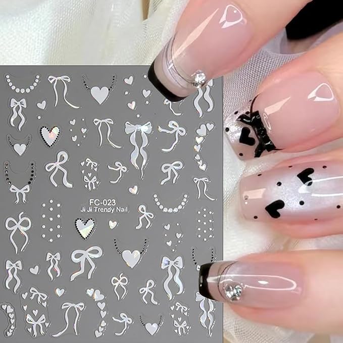 8 Sheets Cute Bow Heart Nail Art Stickers 3D Self-Adhesive Valentines Nail Stickers Laser Red White Heart Bows Nail Decals French Tip Nails Supplies for Women DIY Acrylic Nails Decorations