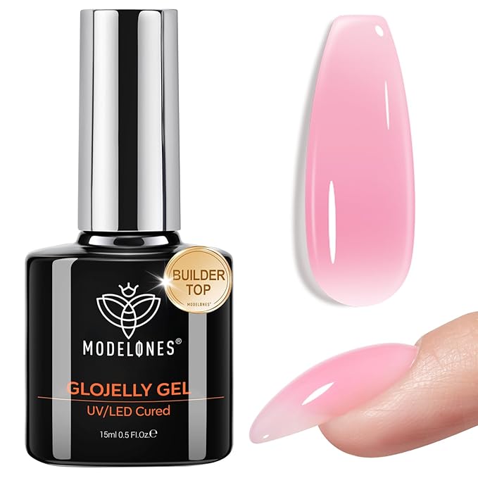 modelones Builder Nail Gel Top Coat, 15 ML No Wipe Ultra Gloss Jelly Pink Gel Polish Apex Building Nails Strengthening Extension Sheer Blush Color Nail Art Long Lasting Soak Off U V Manicure Gift