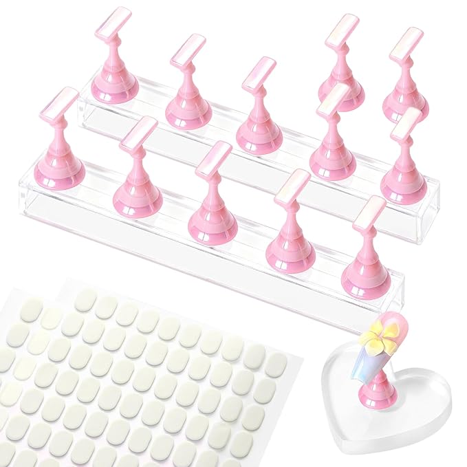 SAVILAND Nail Stand for Press On Nails: 1 Heart Shaped Acrylic Magnetic Nail Holder for Painting Nails 2 Sets Nail Stand False Nail Tips with 200 Double-Sided Tape Home DIY Nail Art Tool Beginner