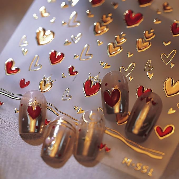 Valentine's Day 5D Heart Nail Art Stickers - Gold, Pink & Bronzing Star Moon Designs for Women & Girls - Self-Adhesive DIY Nail Decals