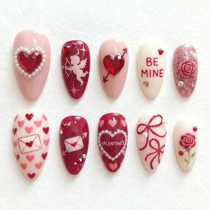 8 Sheets Valentines Nails Stickers 3D Self-Adhesive Heart Nail Art Stickers Cute Cartoon Nail Decals Red Lips Love Balloon Cat Light Cherry Designs Holiday Nails Art Supplies for Women DIY