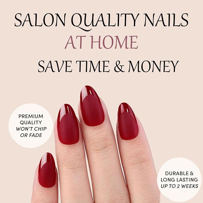 Press On Nails Short Almond Red Nails with Glossy French Tips in a Matte Finish 16 Sizes - 32 Nail Kit with Glue