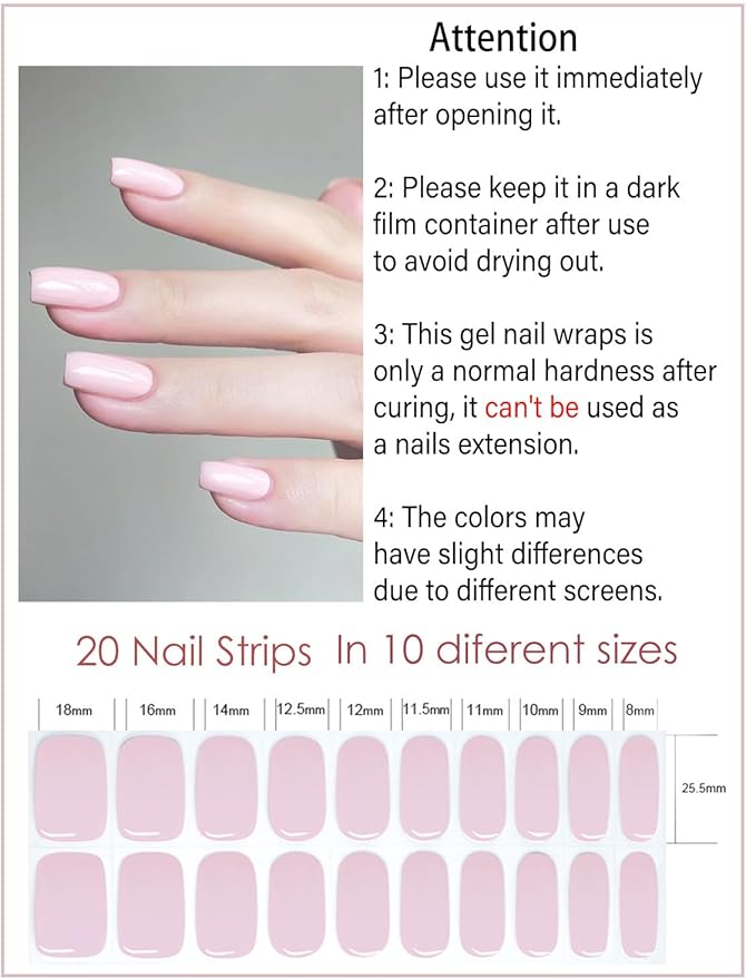 UV Gel Nail Stickers, Pink 20pcs Semi Cured Gel Nail Strips, Wraps for Home Manicure DIY