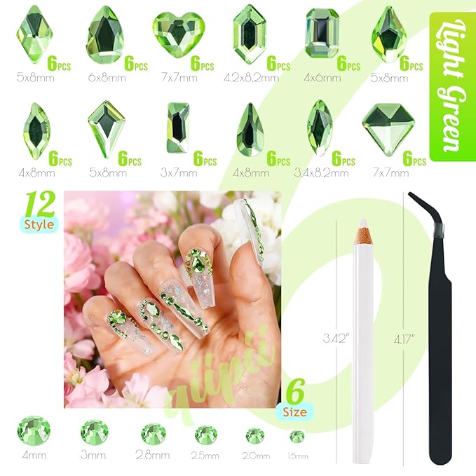 2052Pcs Light Green Nail Rhinestones Grass Green Nail Charms Multi Shapes Crystal Flatback Rhinestones Gems Round Beads Glass Stones Diamonds Jewels Art for Nails Faces Eyes Makeup DIY Crafts