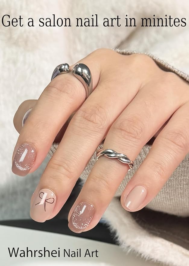 Valentine Semi Cured Gel Nail Strips, Nude Glitter, Cat Eye 20pcs Adhesive UV Sticker, Wraps for Home Manicure DIY