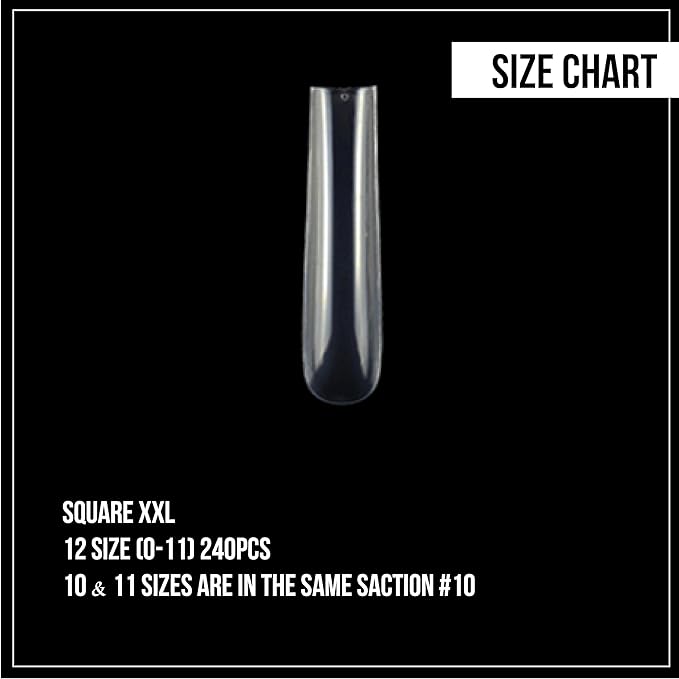 Nail Gel-X Natural Square XXL Tips Set - NeVi USA Premium Quality, 240 Tips in 10 Sizes - Complete DIY Nail Extension Kit | No Size 00 Included #5 and #6 Are Double Quantity