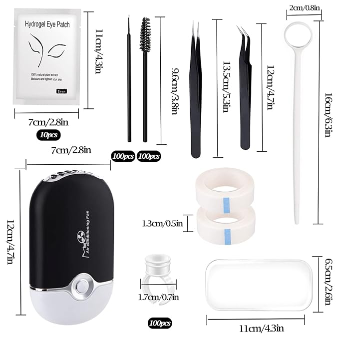267 PCS Eyelash Extension Supplies Lash Extension Kit USB Air Conditioning Blower,Silicone Pad,Under Eye Gel Pads,Mini Makeup Mirror,Tapes,Tweezers,Glue Rings,Eyelash Brushes,Micro Brush Applicators