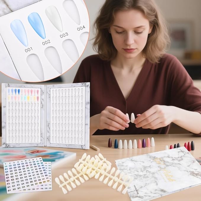 160 Nail Color Display Book with 240 Nail Tips and 1-200 Number Labels, Gel Polish Colors Card Board Professional Color Swatches Book