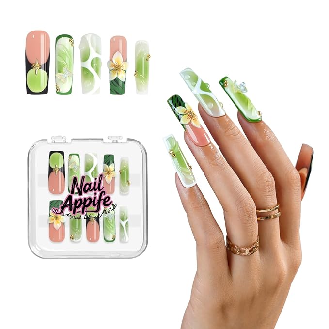 Handmade Green Acrylic Square Press On Nails 10pcs, Jelly Gradient Glossy Nails with 3D Flower & Butterfly Art, White Swirl Design and Light Green Aesthetic Full Cover Nail Tips – Appife