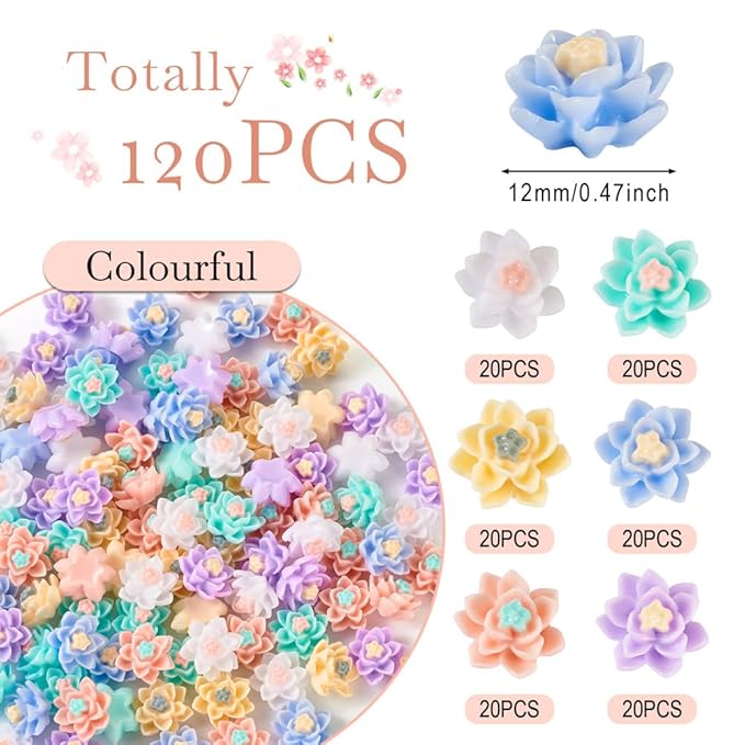 120Pcs Flower Nail Charms 3D Flower Resin Nail Art Charms Flat Back Flower Nail Art Decoration for Manicure