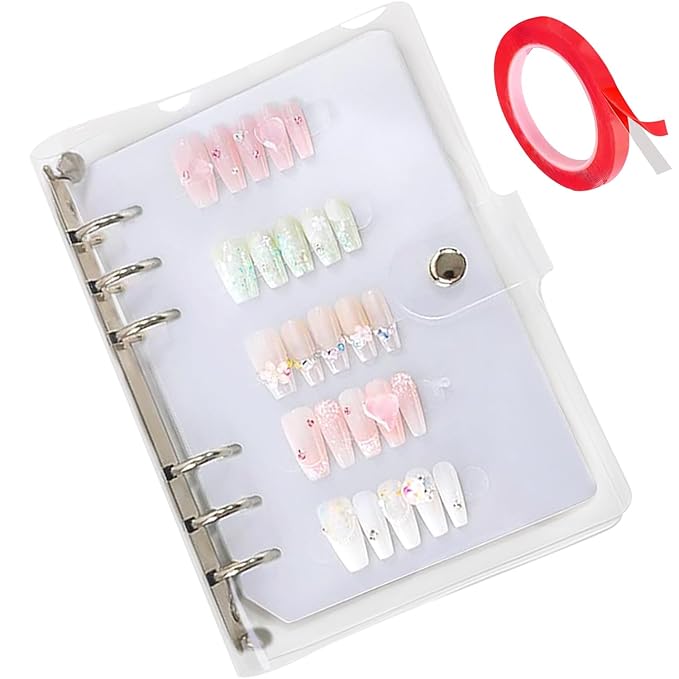 Transparent Press On Nail Organizer Book Press On Nails Storage with Double-sided Tapes Fake Nails Display Binder for Nail Salon Small