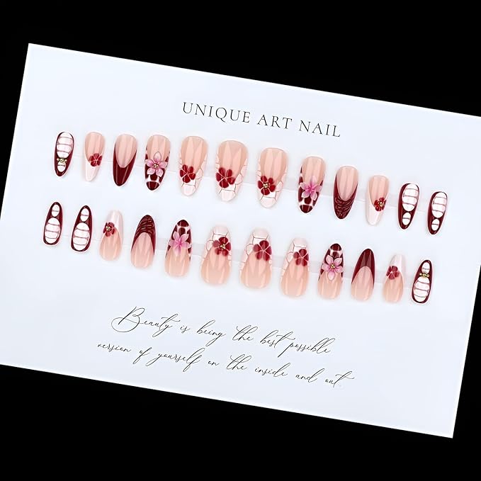 French Tip Press on Nails Medium Almond Fake Nails Flower False Nails with Gold Rhinestones Design Glossy Nails Press Ons White Red Stick on Nail Acrylic Glue on Nail for Women Set 24Pcs
