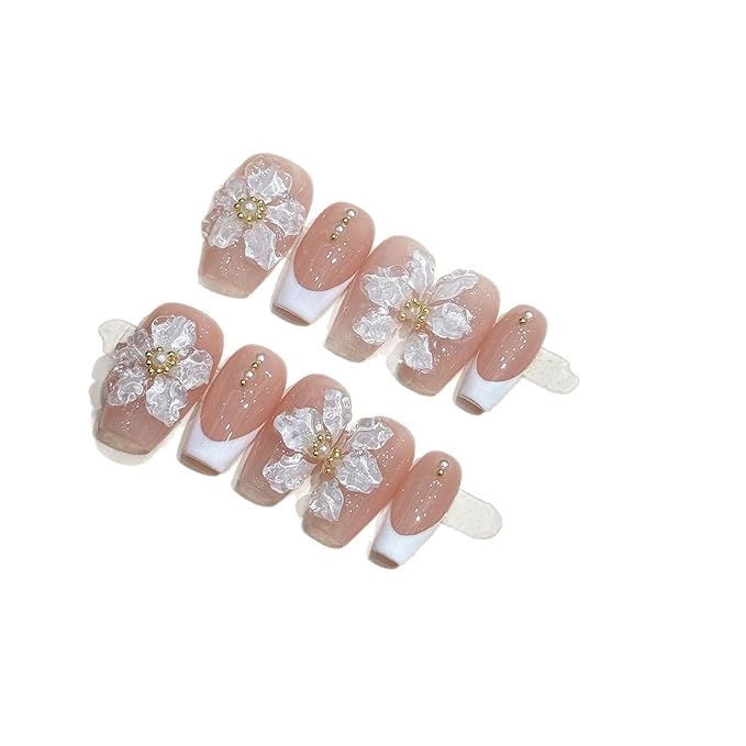 Handmade Press on Nails Medium Coffin White French Acrylic Nails 3D Flower Embossed False Nails Reusable 3D Flower and Pearl for Girls Manicure Art Decoration Accessories (Size S)