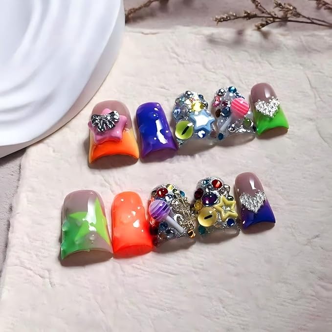 Handmade Press on Nails Medium Duck 3D Cute Thick Acrylic Fake Nails Ombre French Tip False Nails with Charms Designs Acrylic Nail Sparkly Reusable Stick on Nail for Women 10Pcs (Size M)