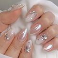 Almond Press on Nails - Short Fake Nails White Ombre Nails Press ons with Rhinestone Accents Design, Glossy Acrylic Nails Full Cover Artificial Glue On Nails for Women Manicure 24Pcs