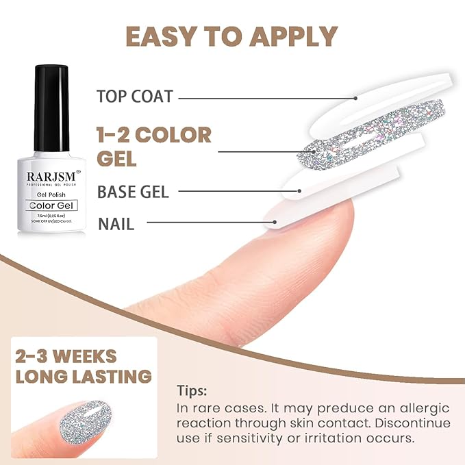 RARJSM Reflective Glitter Gel Polish Silver Sparkling Glitter Iridescent Shimmer Gel Nail Polish Sparkle Diamond Holographic Gelpolish Soak off Nail Art Varnish Manicure for Salon DIY at Home