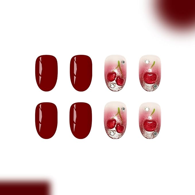 Almond Press on Nails Short Fake Nails Red Acrylic Nail Press ons SEENEEY Cat eyeCherry Stick on Nail for Women 24pcs