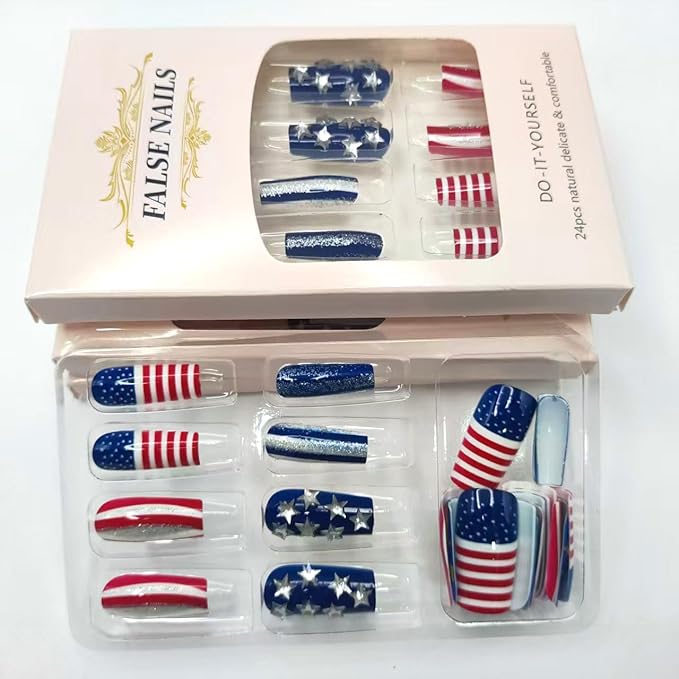 Press on Nails Independence Day Medium Length Fake Nails Red Stripe Glossy False Nails with 3D Star Designs 4th of July Reusable Acrylic Nails Square False Nails for Women Girls 24Pcs