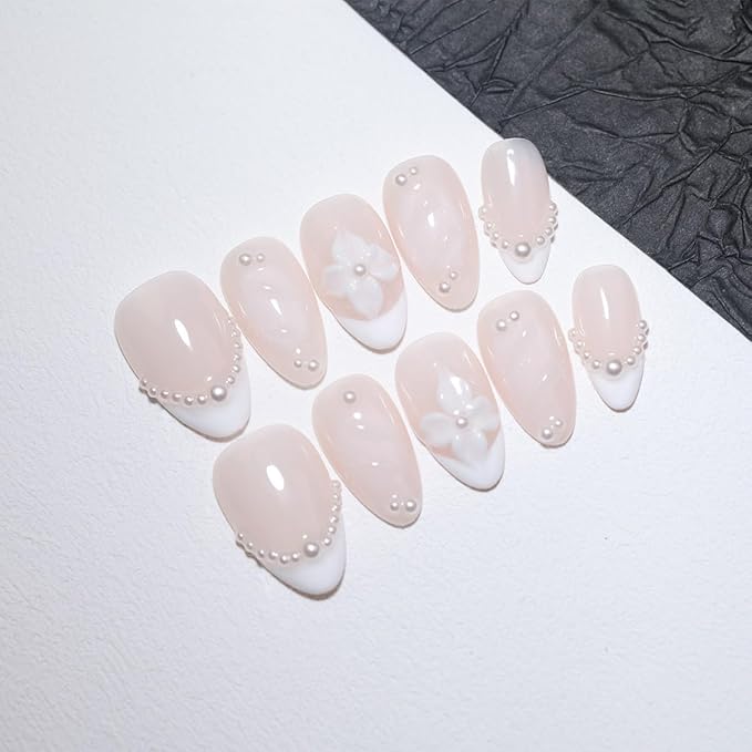 10Pcs Almond Handmade Press On Nails | Floral Seashell Ombre Collection with 3D Decor & Gold Bead Accents | Reusable Easy to Apply Salon-Quality Fake Nails for Women and Girls (PZ04, M)