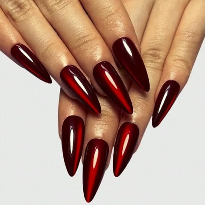 Red Press on Nails Long Almond Fake Nails Glitter False Nails with Designs Christmas Glossy Full Cover Acrylic Glue on Nails Artificial Stick on Nail Cat Eye for Women Manicure Decoration 24Pcs