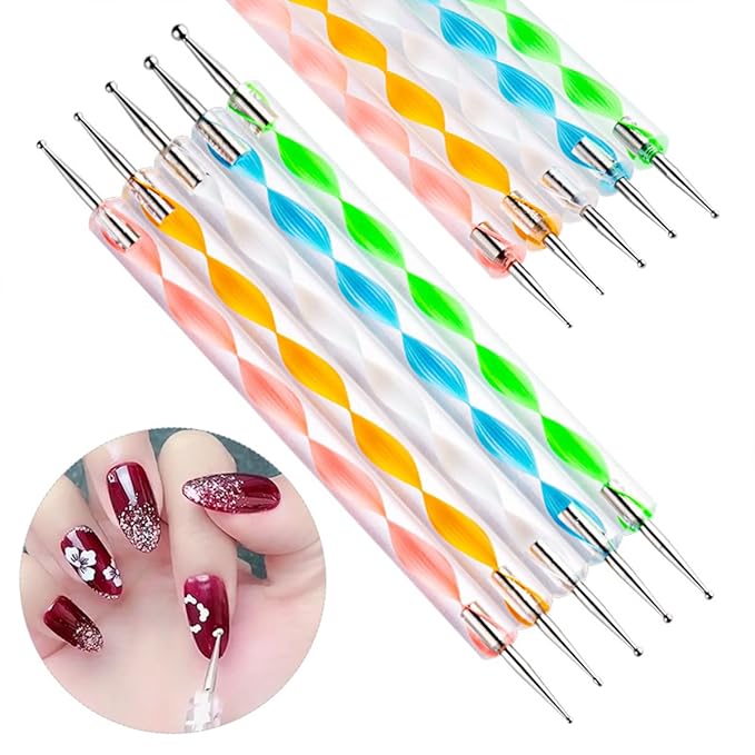 Nail Dotting Tools Kit - 10 Pcs, 5 Double-end Tools, 5 Nail Liner Brushes