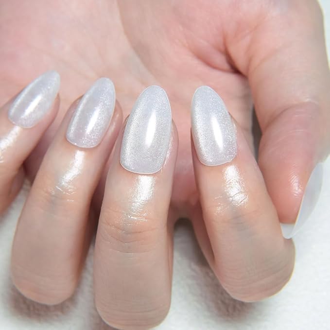 evpct Cat Eye Press on Nails Almond Short, Cat Eye Stick on Nails Press on, Pearl White Glitter Short Almond Press Stick on Nails, Fake Nails Press ons with Kits, 30Pcs Reusable Acrylic Fake Nails Kit