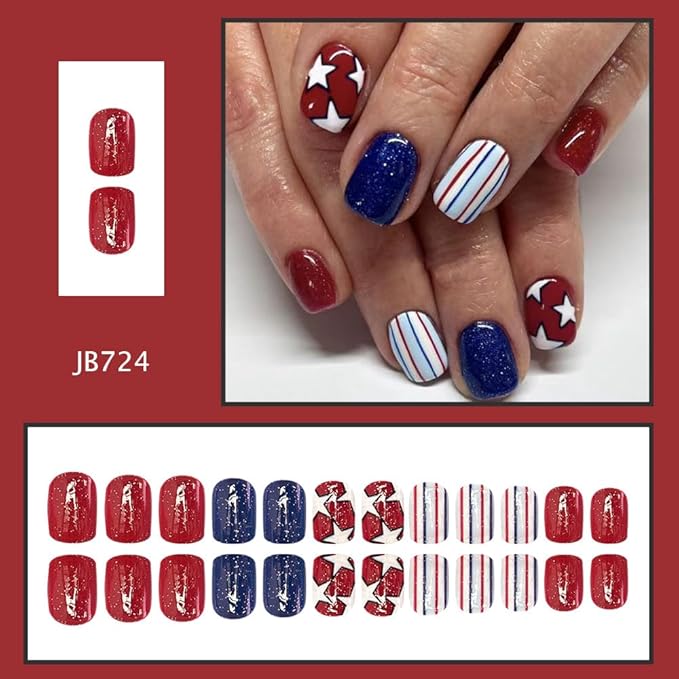 Independence Day Press on Nails Short Square Fake Nails with Star Designs Glossy Red Blue False Nails Lines Stick on Nail Reusable Full Cover 4th of July Acrylic Nail for Women Girls Manicure 24Pcs