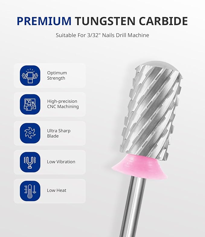 AIRSEE Tungsten Carbide Acrylic Nail Drill Bit Efile Electric File Machine Head Tip for Manicure Polishing Art Remove Gel 3/32" 2 Way Beginner Safety Round Top Cylinder Barrel 3X Coarse-3XC