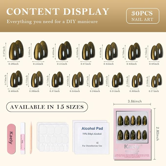 evpct Cat Eye Gold Press on Nails Almond Short, Gold Metal Short Almond Soft Gel Press on Nails with Nail Kit, Fit Perfectly, 30Pcs Reusable Acrylic Fake Press-on Nail Polish Kit for Women Gift