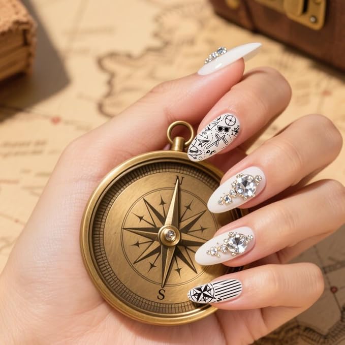 PH PandaHall 3pcs Travel Elements Nail Stamping Plates Postage Stamp Nail Art Stencils Compass Camera Nails Art Templates Adventure Travel Nails Design Stamp for Women Manicures Salon DIY Printing