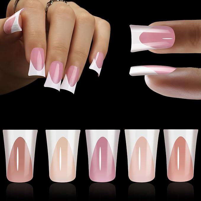 White French Tip Duck Nail Tips, Full Cover No C Curve Medium Wide Acrylic Press Ons Duck Feet Nails, Thick Soft Gel Fake False Nail Extension 12 Sizes 120 Pcs 5 Colors