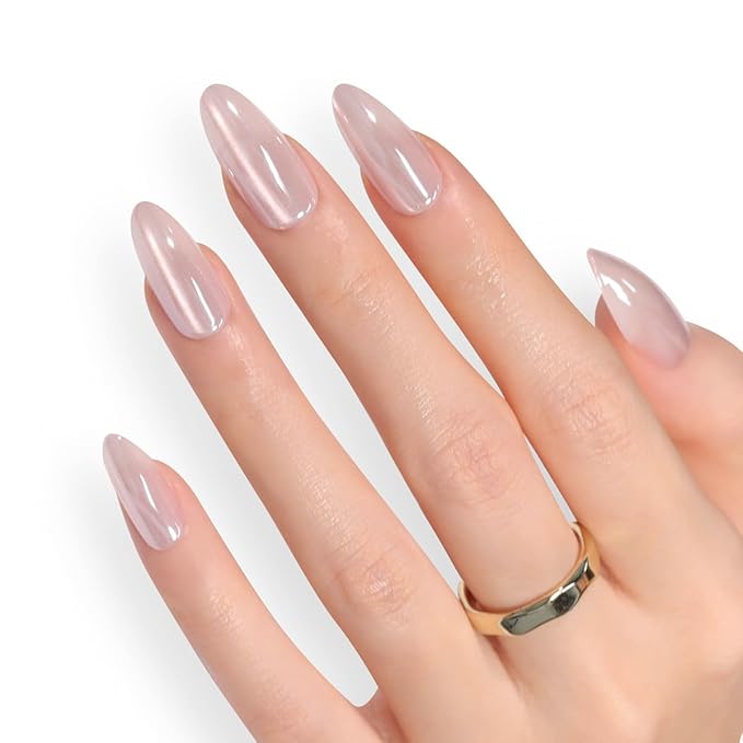 Cat Eye Press on Nails Medium Almond Fake Nails Neutral Nails Press ons with Design,Reusable Artificial Nail Full Cover Stick on Nails for Women Manicure 24Pcs
