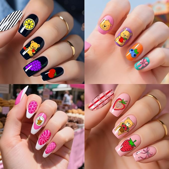 PH PandaHall 3pcs Fruit Nail Stamping Plates Cute Bear Animal Nails Art Stencils Strawberry Pineapple Cherry Nails Image Plates Bows Heart Manicure Art Templates for Women Printing Manicures Salon