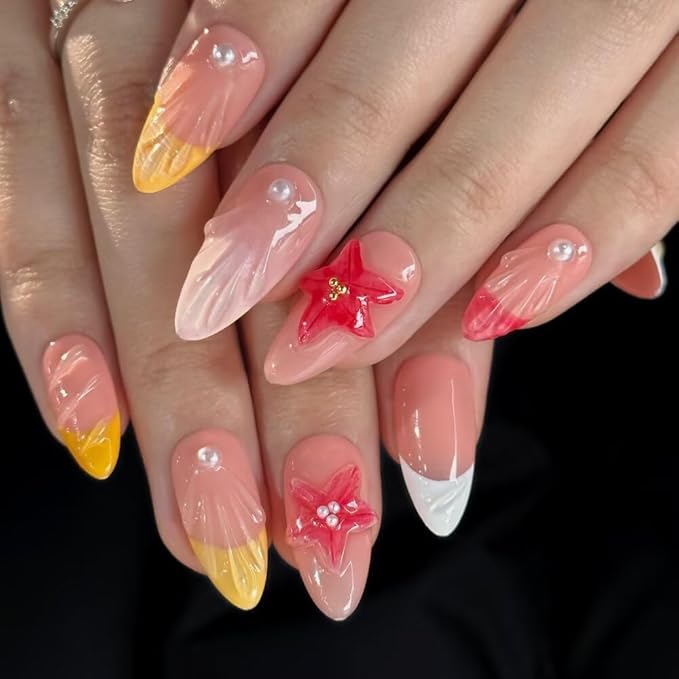 Small MAGLFELL 10PCS Handmade Nails gel Almond Press On Art False Nails Women's Nails 3d Pink nails acrylic Thick French nail-S size