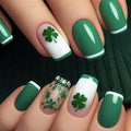 St. Patrick's Press on Nails Clover Short Square Fake Nails with Rhinestone Designs Green French Tip False Nails Full Cover Glossy Stick on Nails St. Patrick's Glue on Nails for Women Girls
