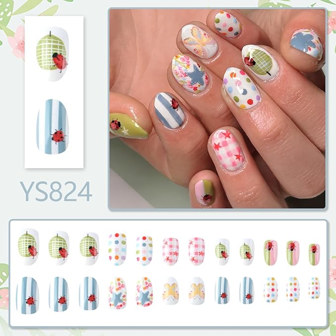 Medium Oval Press on Nails Spring Summer Fake Nails Cute Nails Press ons with Polka Dots Stripe Stars Design,Reusable & Easy Apply Full Cover Stick on Nails for Women Manicure 24Pcs
