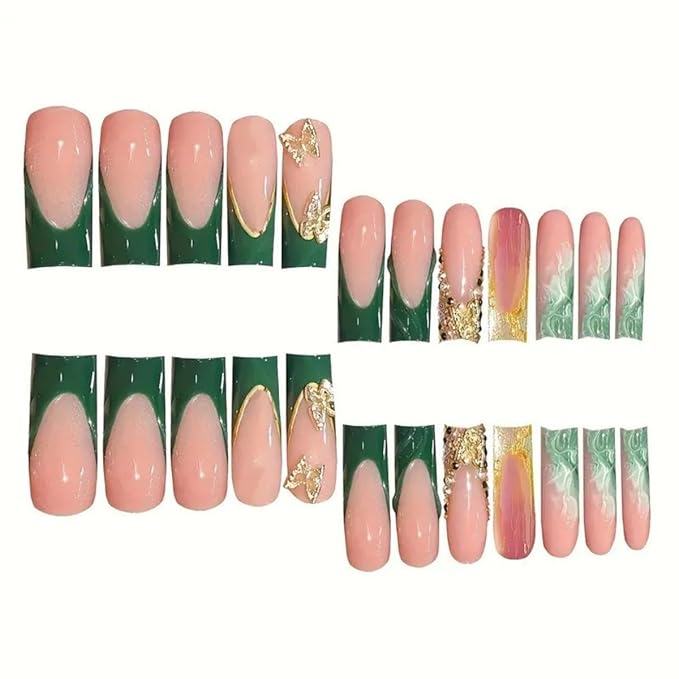 Green Press on Nails Long Square Fake Nails with Gold Butterfly Design Rhinestone Glue on Nails French False Nail tips Glossy Reusable Spring Summer Nails for Women Girls Manicure 24pcs