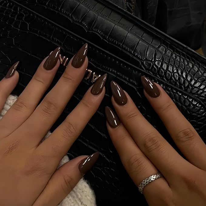 Brown Press on Nails Almond Shaped Medium Length - Neutral Acrylic Reusable Fake Nails for Women Girls, Glue on Stiletto False Nails, Soft Gel Artificial