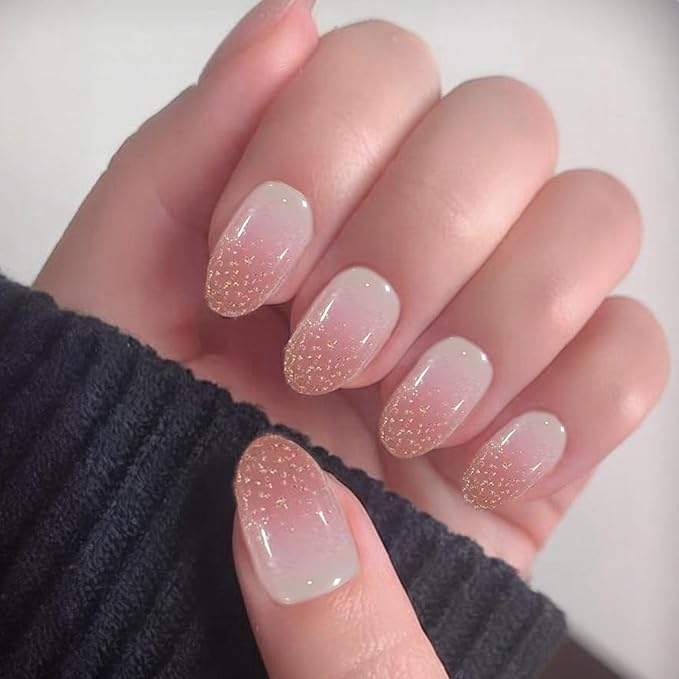 16Pcs Semi Cured Gel Nail Strips Ombre Pink Gel Nail Stickers Gold Glitter Nails Wraps UV/LED Light Needed Glossy Nails Polish Strips for Women Includes Prep Pads, File, Wooden Cuticle Stick