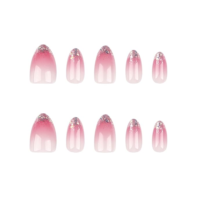 Ombre Pink and White Gradient Press on Nails Short Oval Fake Nails – French Tip Acrylic Nails for Women, Golden & Shiny Artificial False Nails, Stylish Design, Suitable for Birthday Parties
