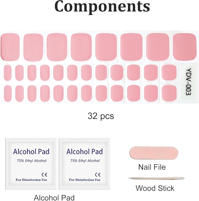 32 Pcs Semi Cured Gel Toe Nail Strips Nude Pink Gel Nail Stickers Full Cover Nails Wraps Self Adhesive Toe Nails Polish Strips Stickers for Women UV/LED Light Required