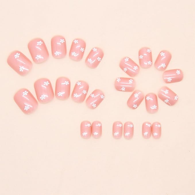 24 Pcs Press on Nails Square Short Fake Nails with Flower Design Acrylic Nails Full Cover Artificial Glue on Nails Reusable Nail Tips Nude Glossy Stick on Nails Manicure Art for Women