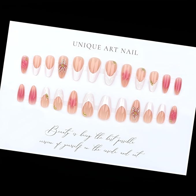 White French Tip Press on Nails Medium Almond Fake Nails Flower Glue on Nails with Gold Rhinestones Design Glossy Nails Press Ons Gradient False Nails French Tip Stick on Nails for Women 24Pcs