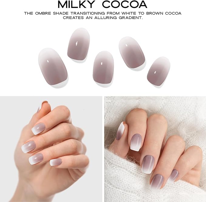 Semi Cured Gel Nail Strips with 20 Pieces - UV Gel Stickers, Manicure Kit, Easy Application Wraps Includes Prep Pads, Nail File, Wooden Stick - UV Light Required (Beige Cocoa)