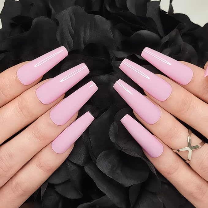 Hypnaughty 24 Pcs Blush Pink Glossy Extra Long Press On Nails and Glue XL Reusable Solid Color False Nails (Blush)