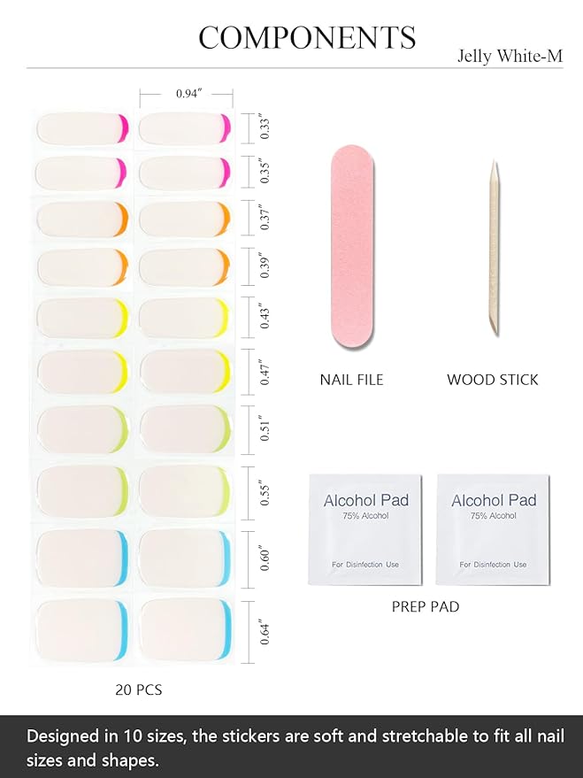 Semi Cured Gel Nail Strips (Jelly White-M), Macaroon, 20 Pcs Gel Nail Wraps, Stickers, UV Light Required, Salon Quality, Long Lasting